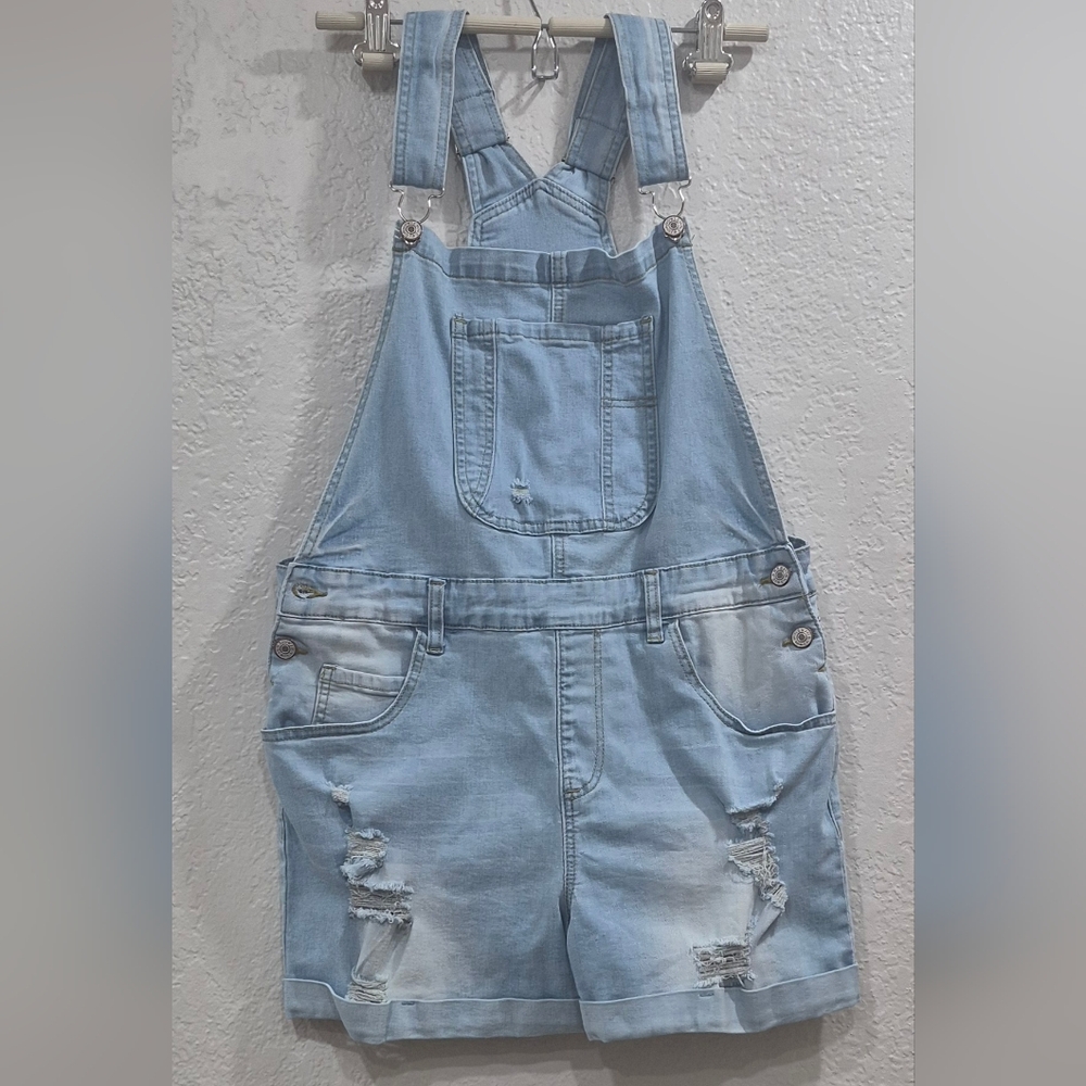 Light Blue Denim Overalls Shorts Size M/ L Destressed Y2k - Picture 2 of 11